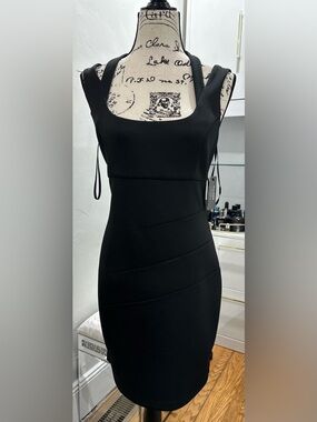 GUESS Black Midi Sheath Dress with Square Neck